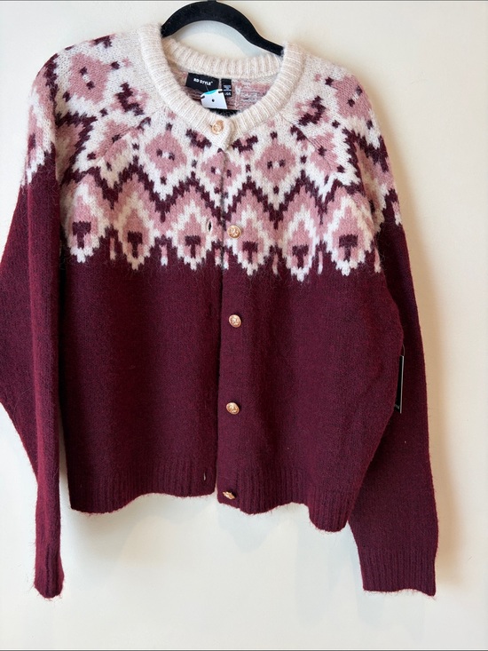 RD Style Sweaters - Cozy Patterned Crewneck Cardigan Sweater - Burgundy & Pink